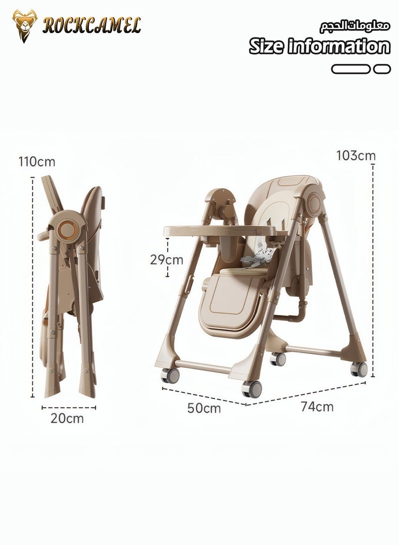 ROCKCAMEL 2-in-1 Electric Baby High Chair & Rocker with Remote Control, 5 Height & 5 Swing Adjustments, 165° Safe Rocking Angle, Rechargeable, Double Layer Cushion, Timer & Music, Multi-Angle Infant Feeding Chair with Wheels(Brown) - Image 5